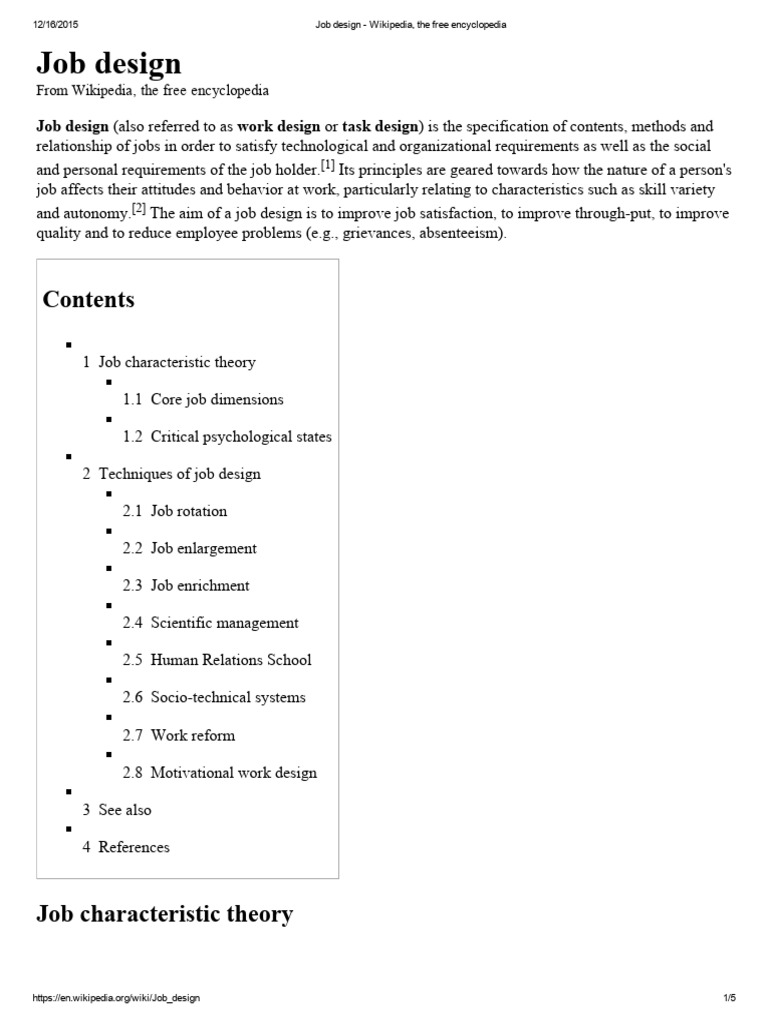 Job Design - Wikipedia, The Free Encyclopedia | PDF | Job Satisfaction ...