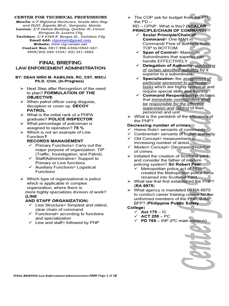 Final Briefing Law Enforcement Administration PDF Police Crimes