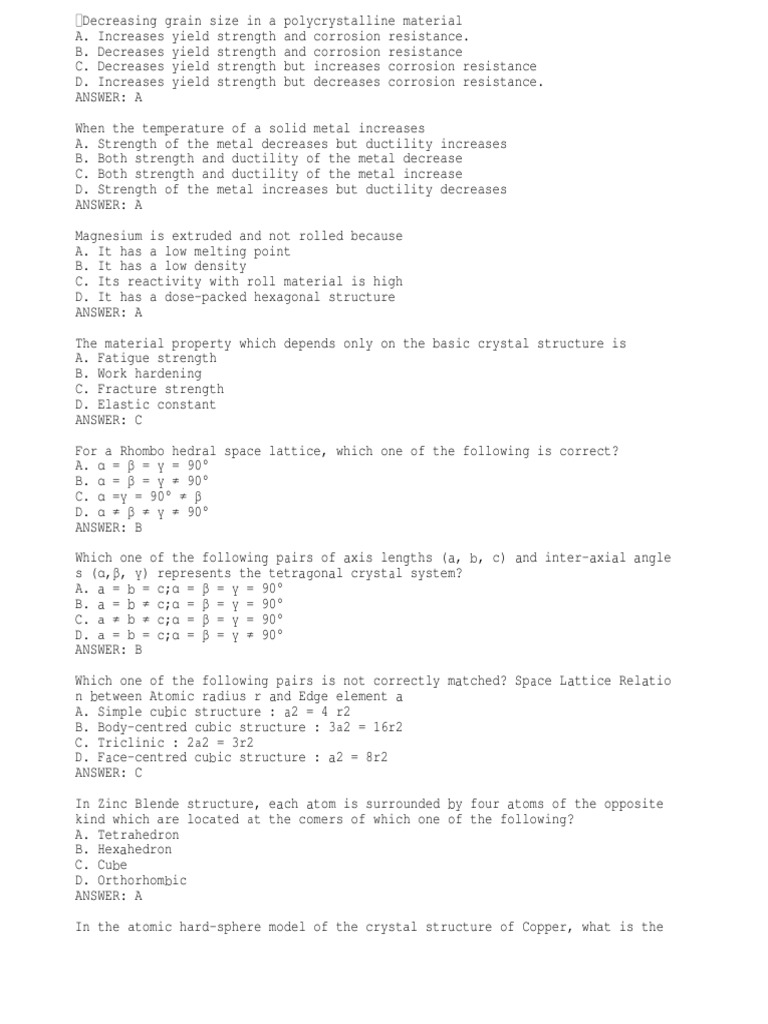 MCQ Materials Science PDF Ductility Strength Of Materials