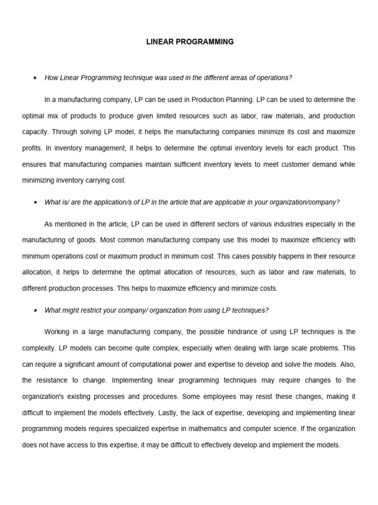 Reflection paper on linear programming pdf
