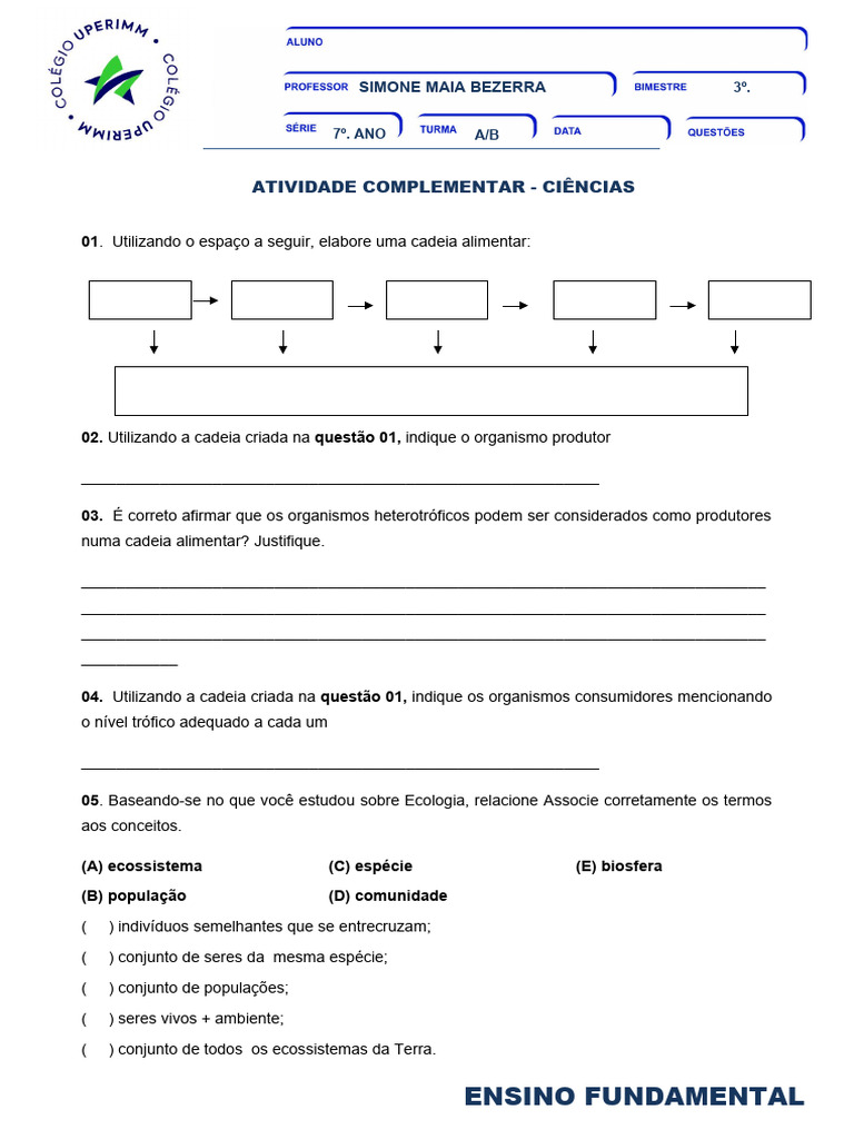 Atividades de Ecologia para 7º Ano | PDF | Ecologia | Ecossistema