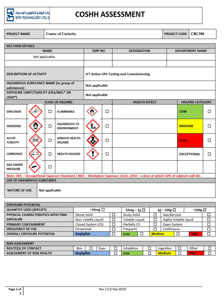 COSHH Assessment for ICT UPS Testing | PDF | Hazards | Toxicity