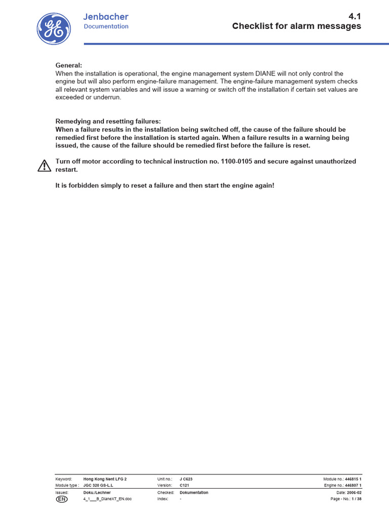 Jenbacher Alarm Message Checklist | PDF | Ignition System | Electric ...