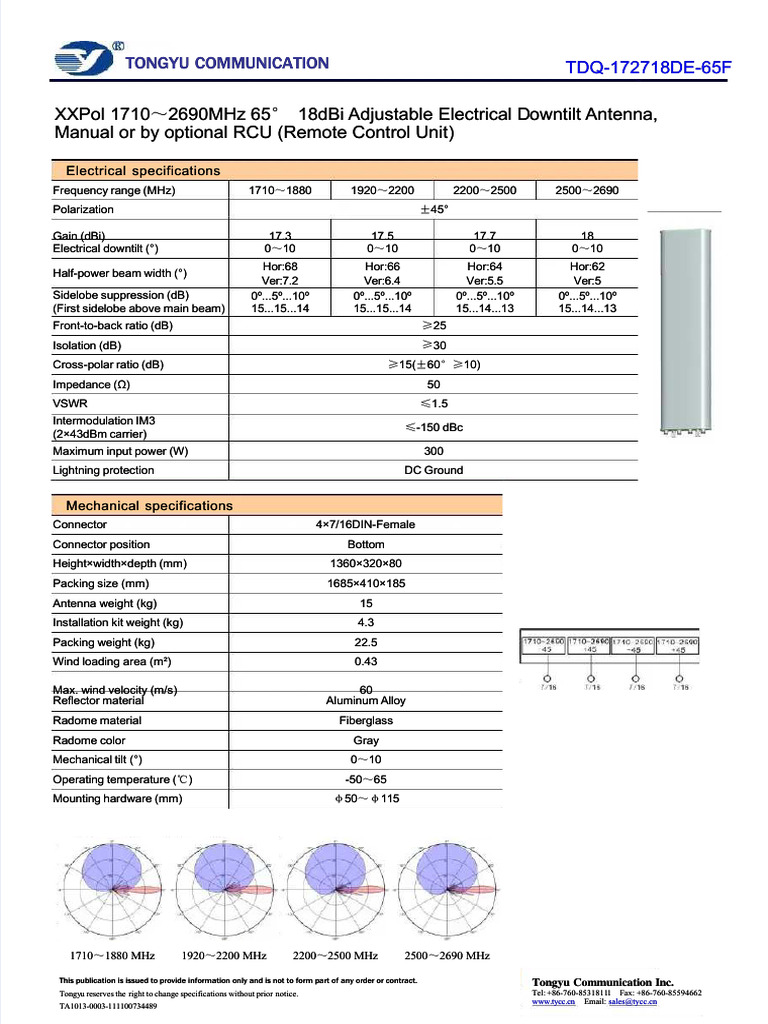 Tongyu TDQ-172718DE-65F | Download Free PDF | Antenna (Radio) | Decibel
