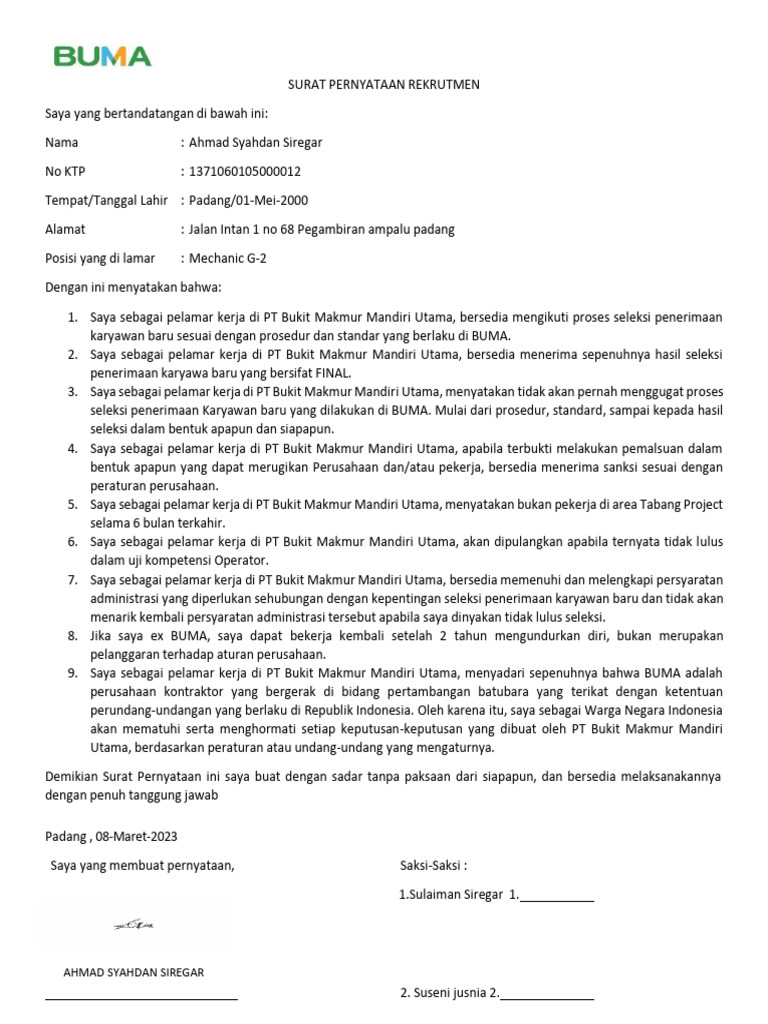 Surat Pernyataan Rekrutmen BUMA | PDF | Bisnis