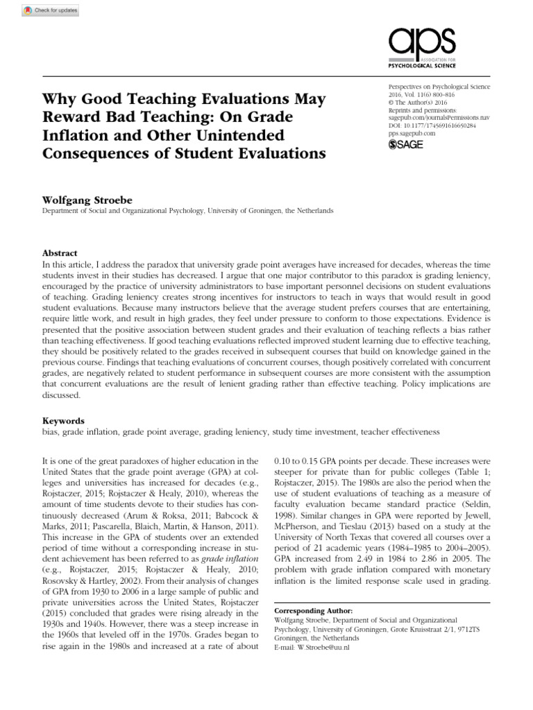 Stroebe 2016 Why Good Teaching Evaluations May Reward Bad Teaching On