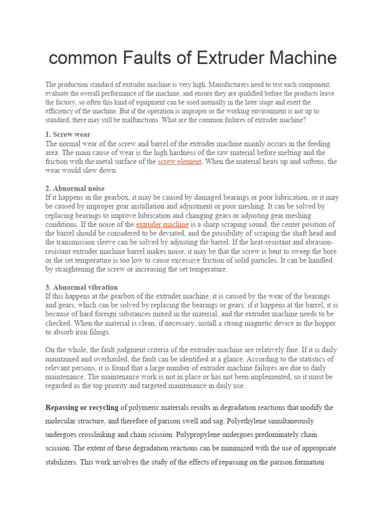 Common Faults of Extruder Machine PDF Wear Extrusion