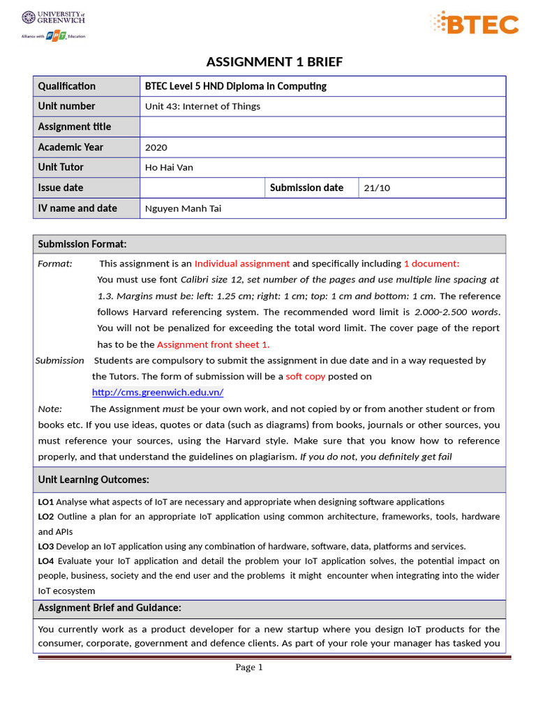 43 IoT - Assignment Brief 1 2018 2019 | PDF | Internet Of Things ...