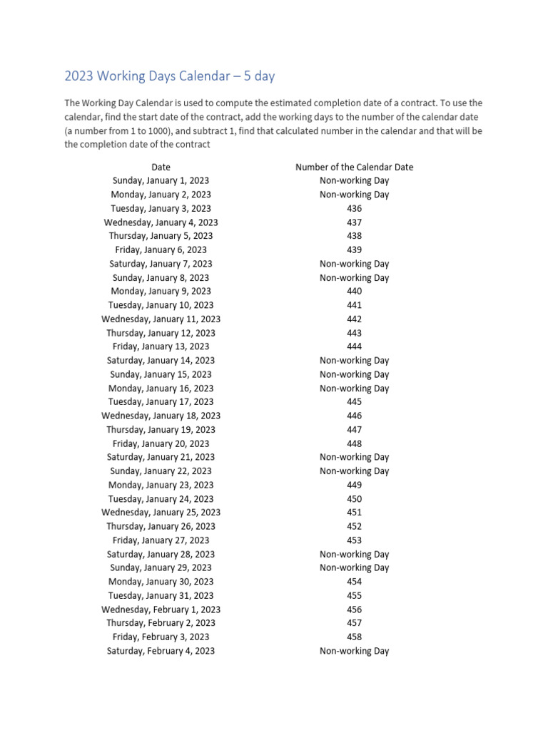 2023 Working Days Calendar PDF