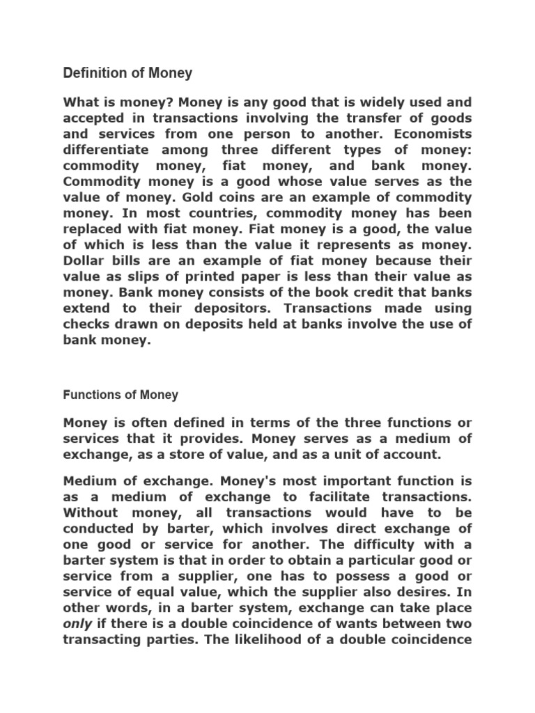 Definition of Money PDF Money Medium Of Exchange
