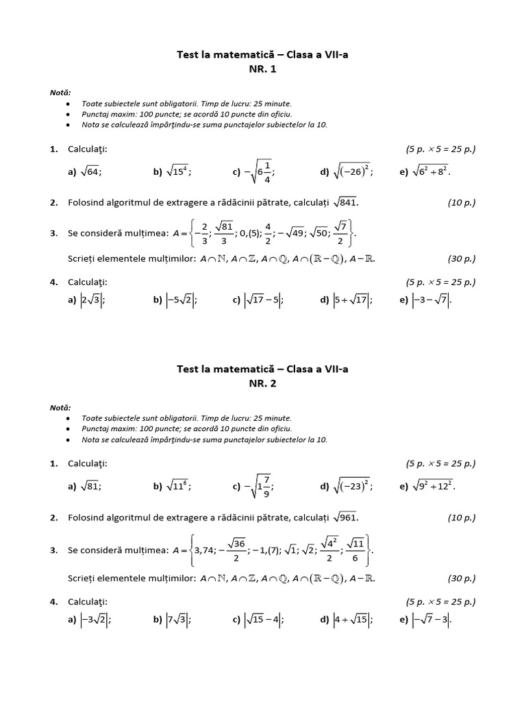 Test La Matematica Algebra Clasa A VII A | PDF