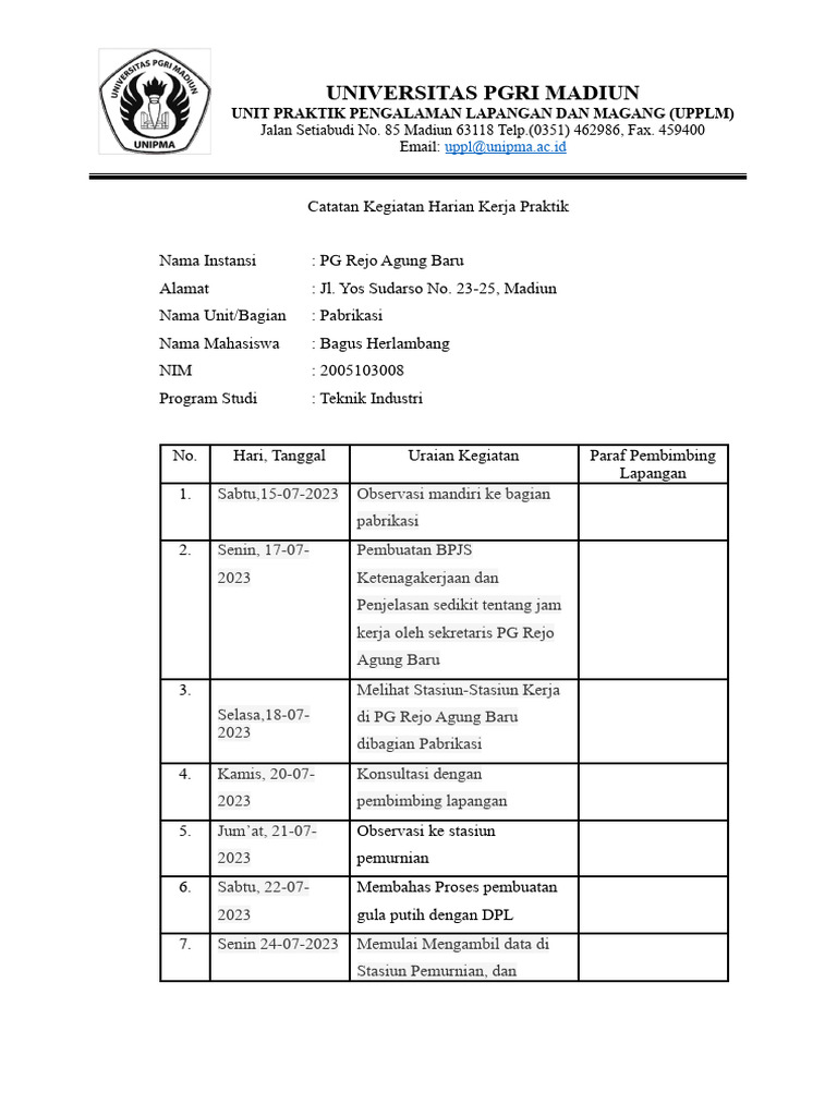 Catatan Kegiatan Harian Kerja Praktik Bagus Pdf