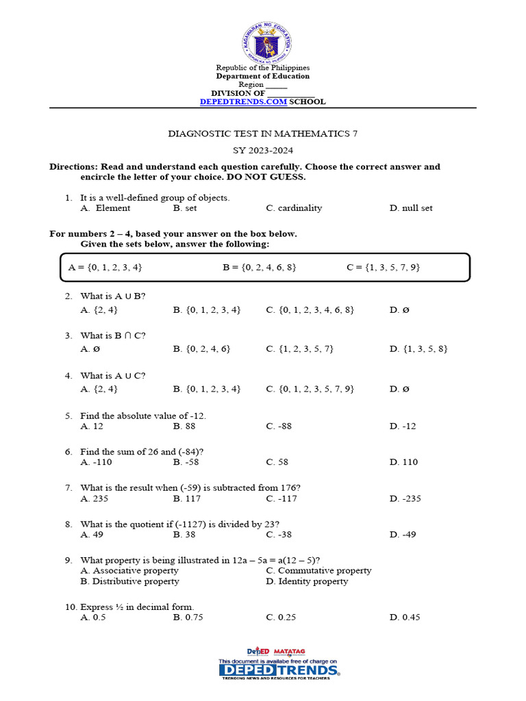 Grade 7 Math Diagnostic Test 2023-2024 | PDF | Variance | Numbers