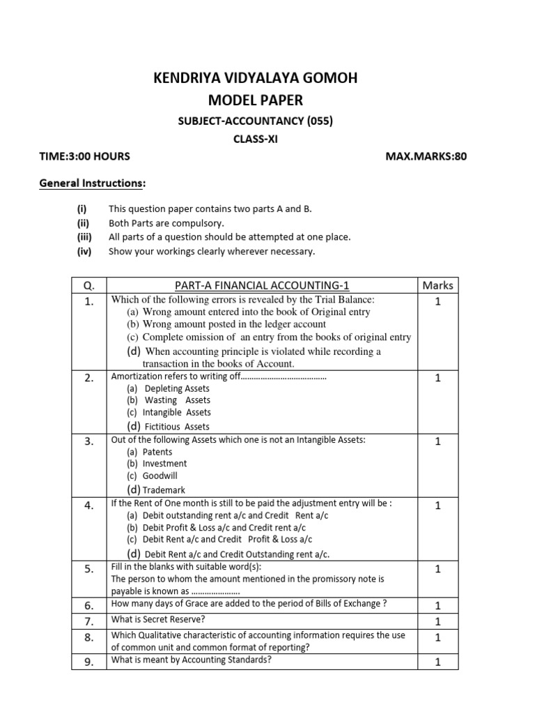 Class 11 Accountancy Model Paper | PDF | Debits And Credits | Financial ...