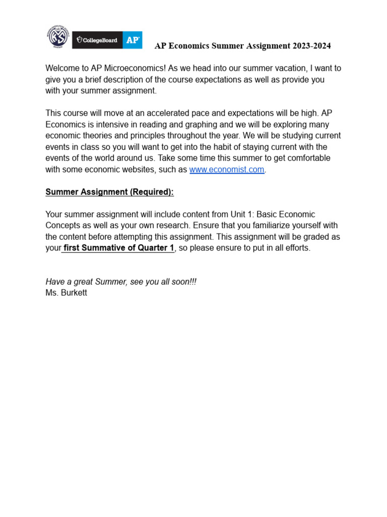 AP Economics Summer Assignment 20232024 PDF Economics Famine