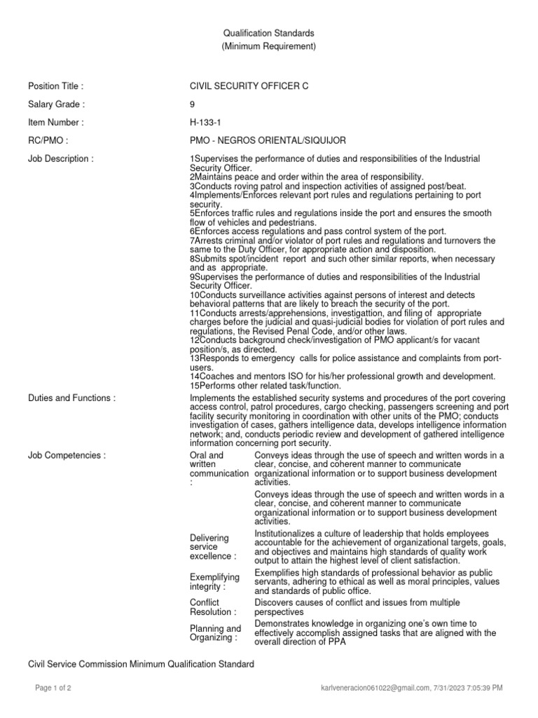 Qualification Standards PDF Security Guard Information