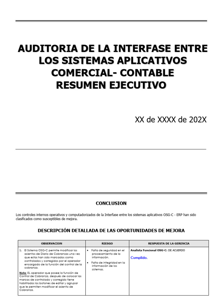 Resumen Ejecutivo Auditoria de Interfase OSG-C - ERP | PDF ...