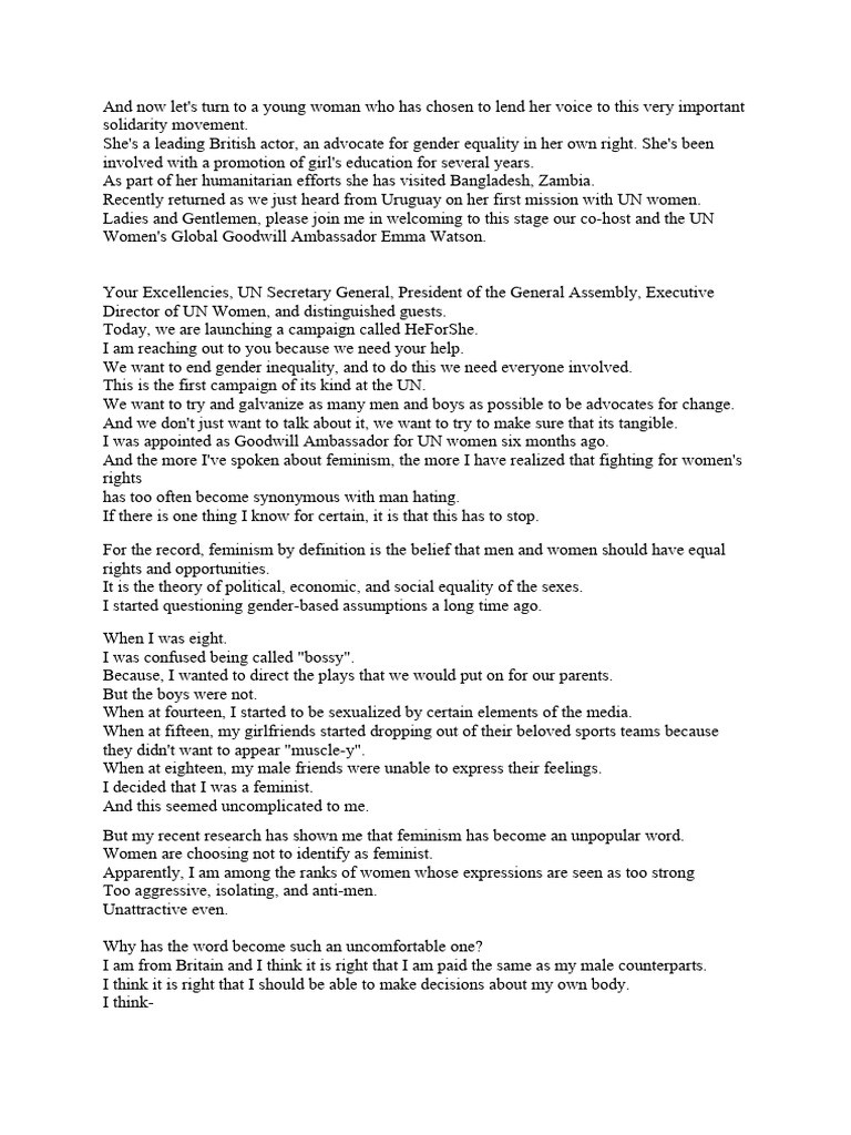 Emma Watson Speech Gender Inequality Pdf Gender Studies Feminism