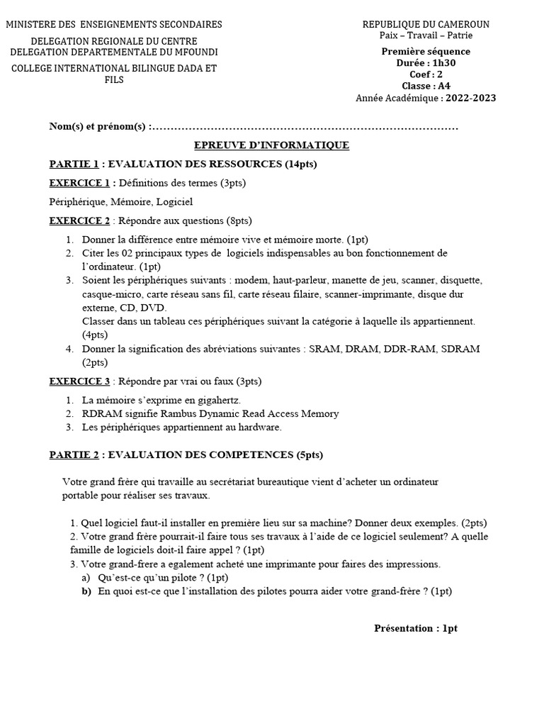 Épreuve d'informatique 1ère A4 2023 | PDF | Informatique | Architecture ...