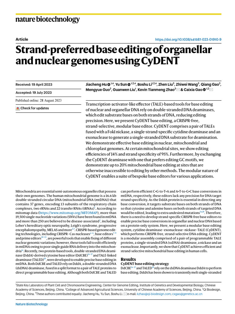 Strand-Preferred Base Editing of Organellar and Nuclear Genomes Using ...