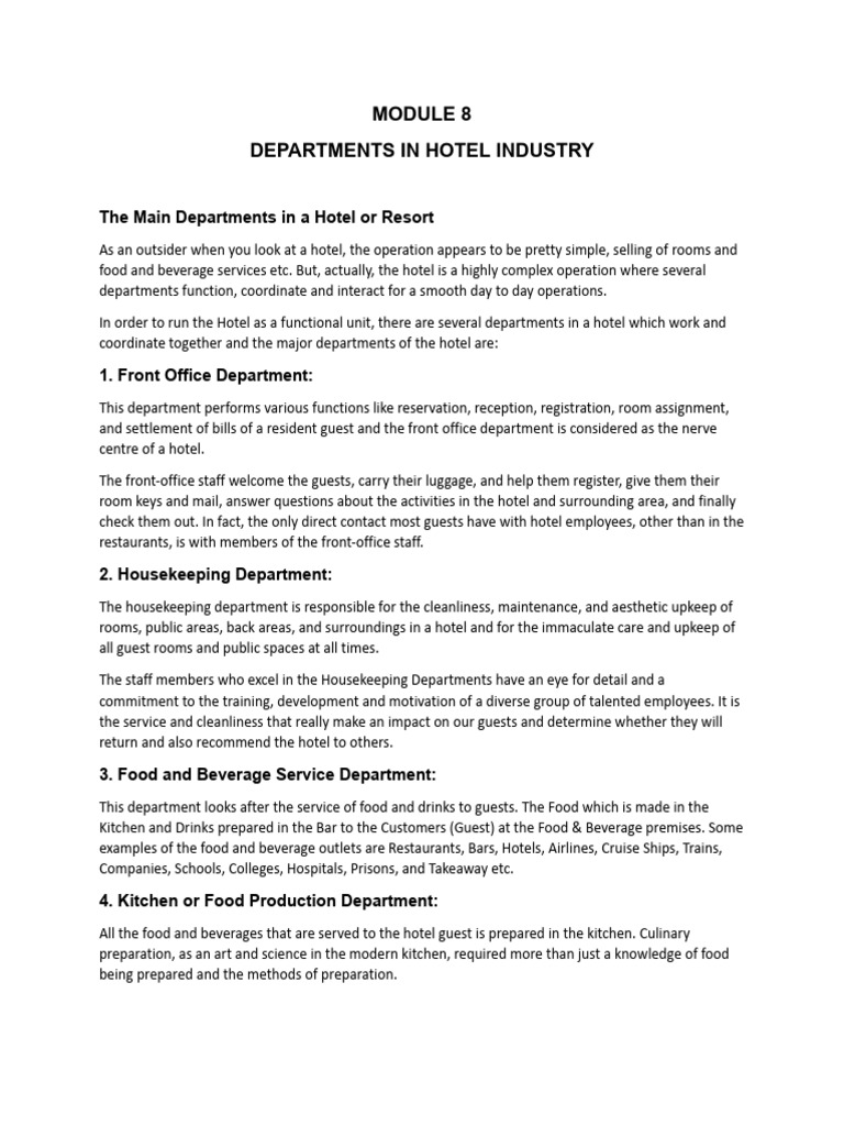 Major Hotel Departments Overview | PDF | Kitchen | Hotel
