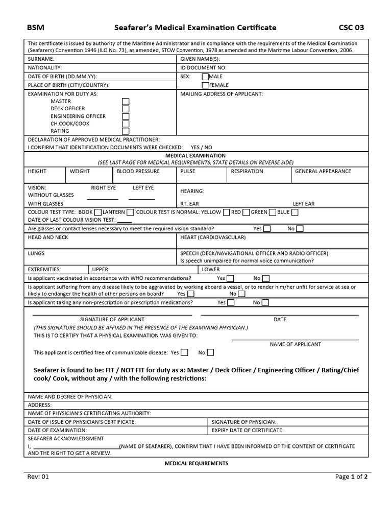 CSC 03 Seafarers Medical Examination Form PDF Physical Examination
