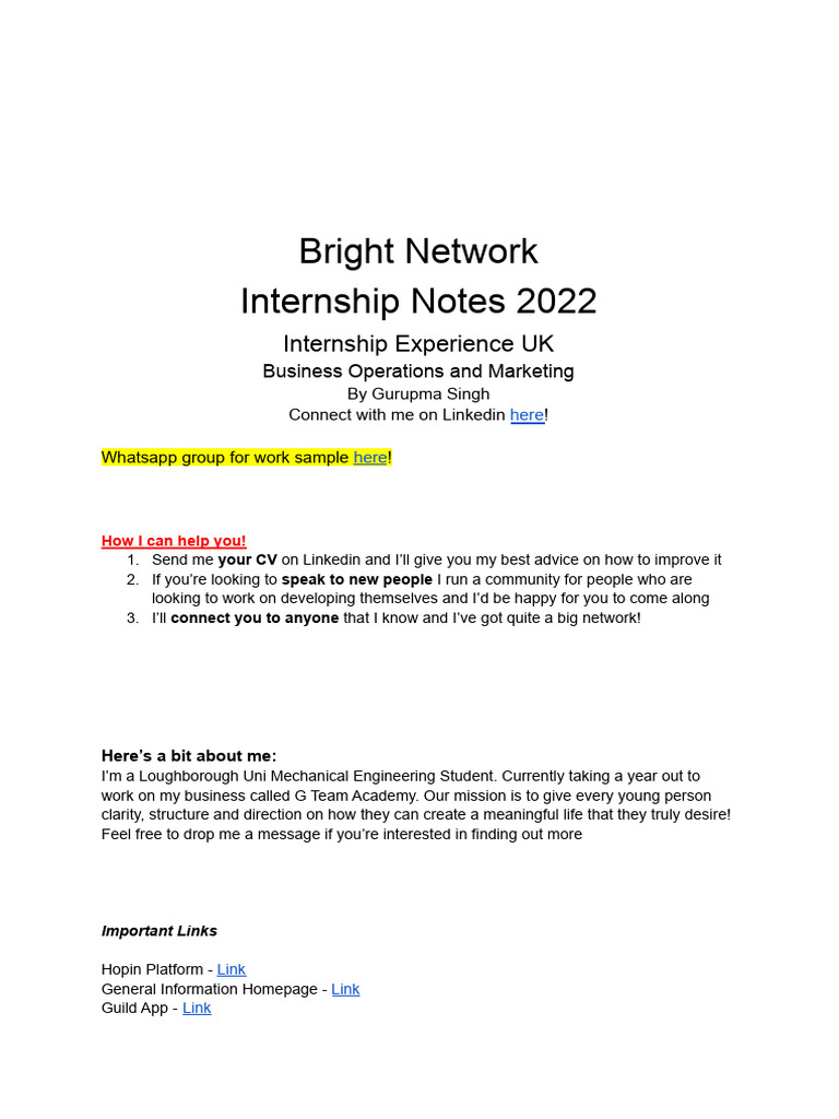 Bright Network Internship Notes 2022 PDF Sales Psychological