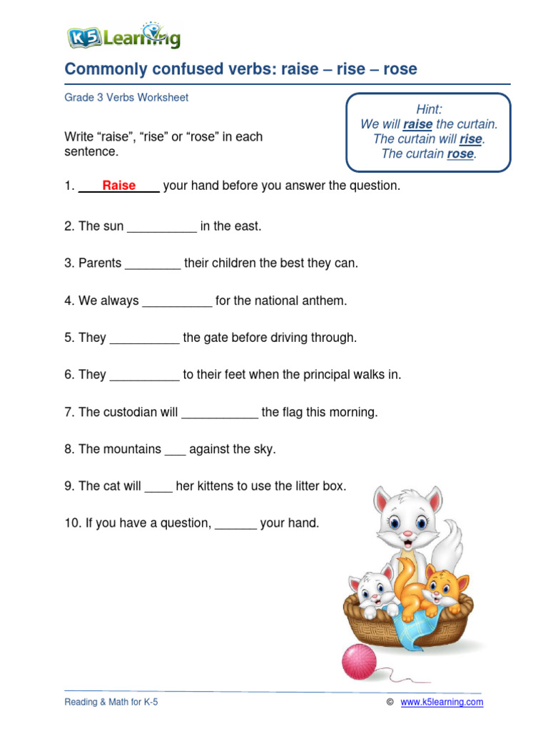 Raise vs. Rise: Grade 3 Worksheet | PDF