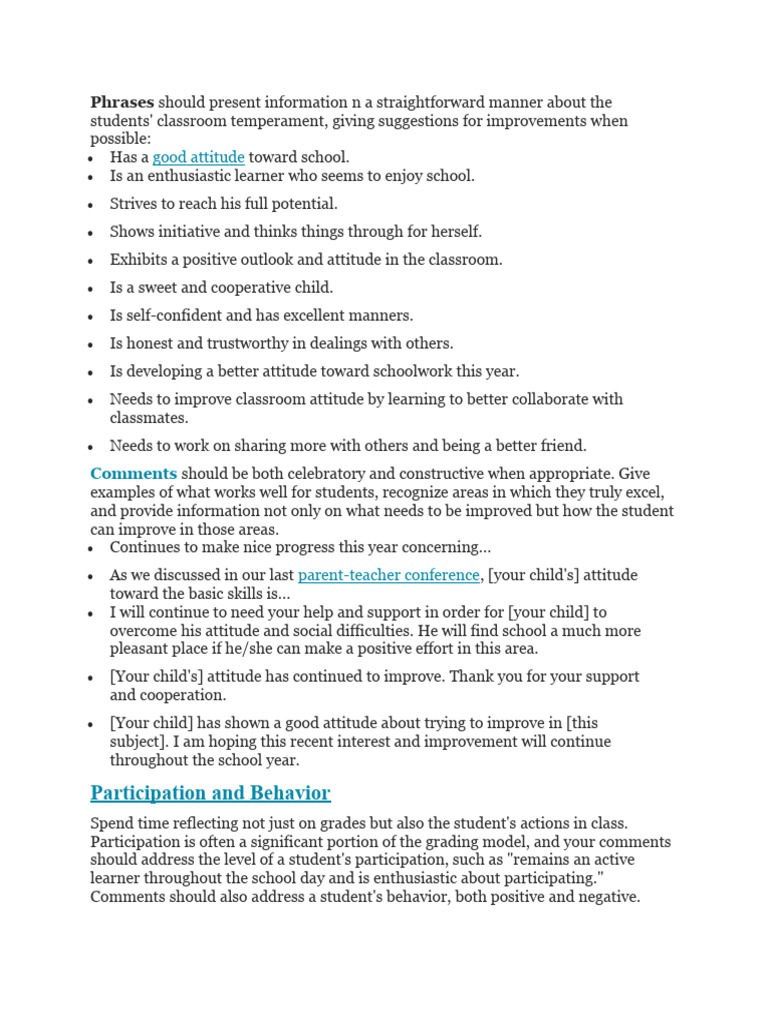 Comment Examples | PDF | Vocabulary | Teachers