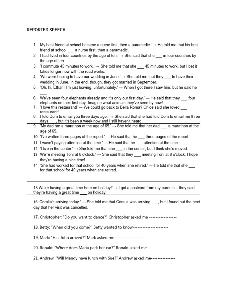 Reported Speech Exercises for Students | PDF