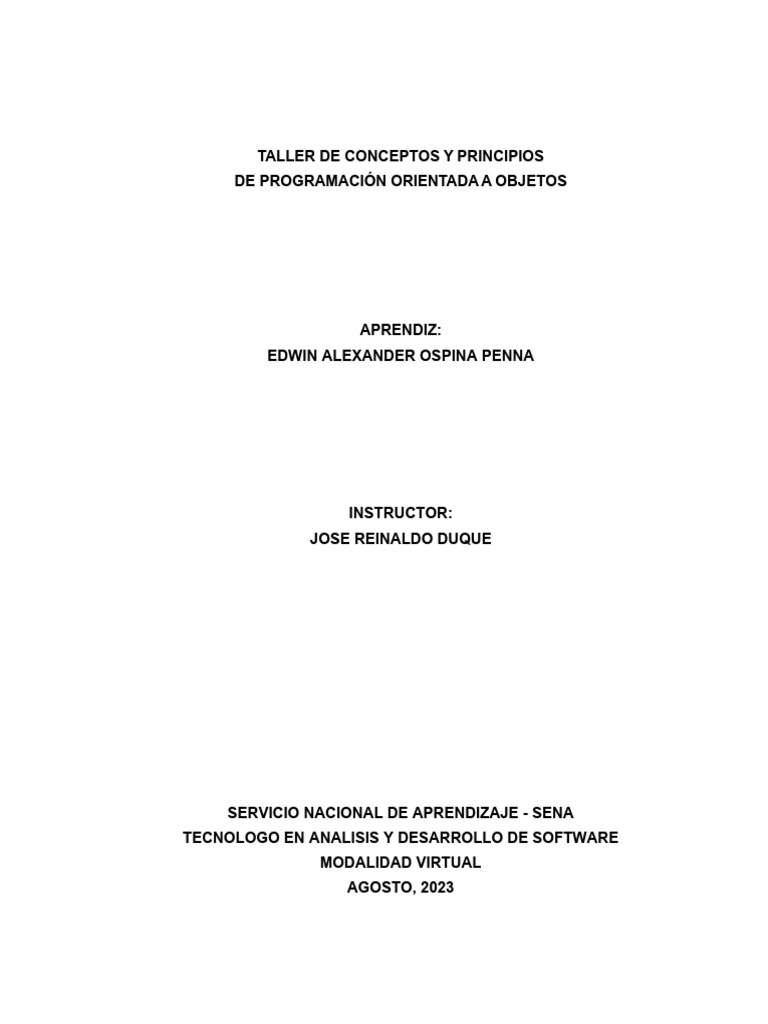 Taller Conceptos y Principios Programacion Orientada A Objetos | PDF ...
