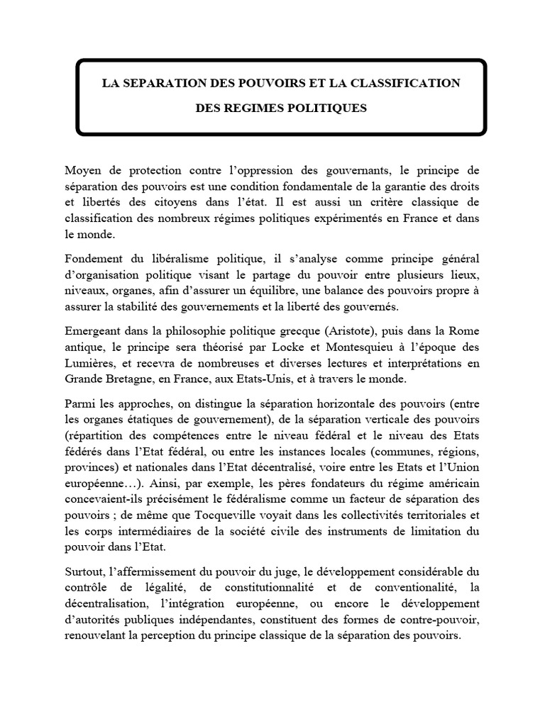 La s paration des pouvoirs et la classification des r gimes pol pdf