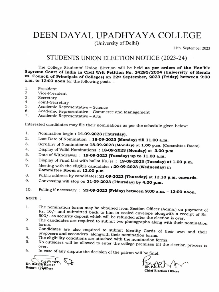 College Union Election Notice 2023-24 | PDF | Government | Elections