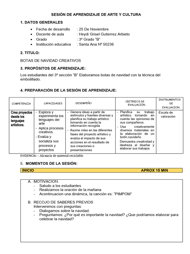 Sesión de Aprendizaje de Arte y Cultura 2 Botines | PDF | Evaluación ...
