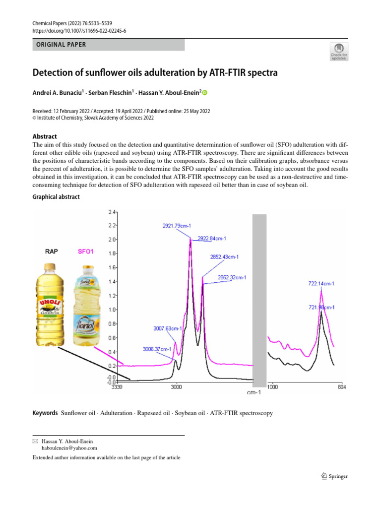 Detection of Sunflower Oils Adulteration by ATR FTIR Spectra | Download ...
