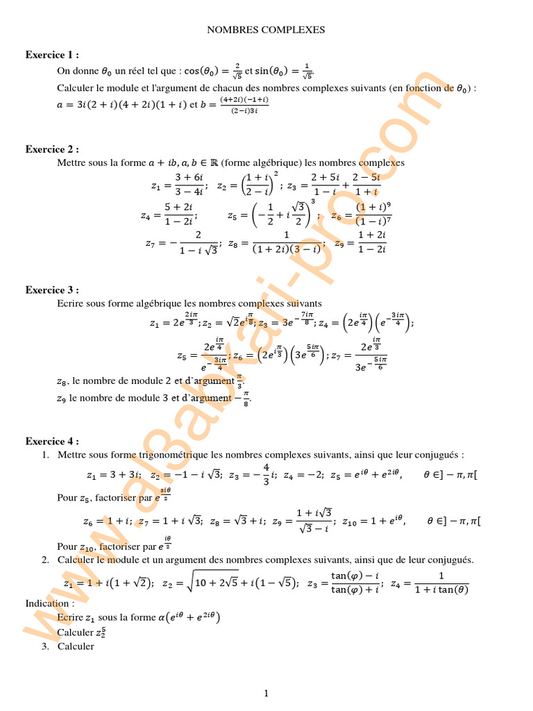 Exercices Corrigés sur les Nombres Complexes | PDF | Nombre complexe ...