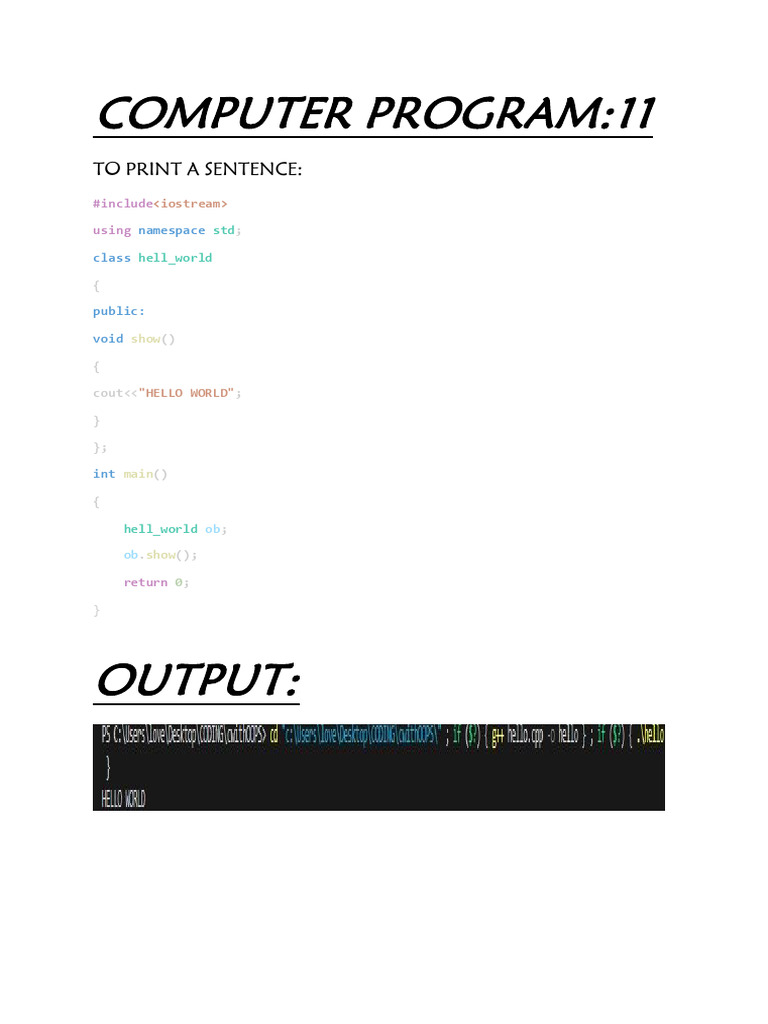 Computer Program:11: To Print A Sentence | PDF | Namespace | Computer ...