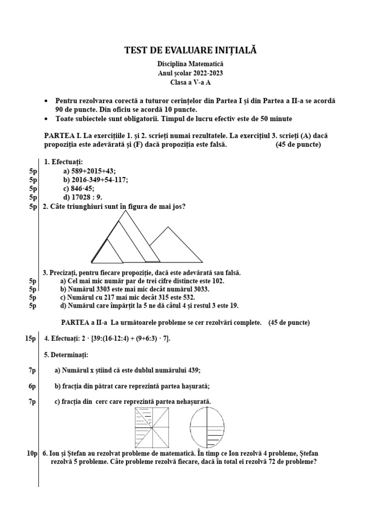 Test de Evaluare Intial Clasa A 5 A Matematica | PDF