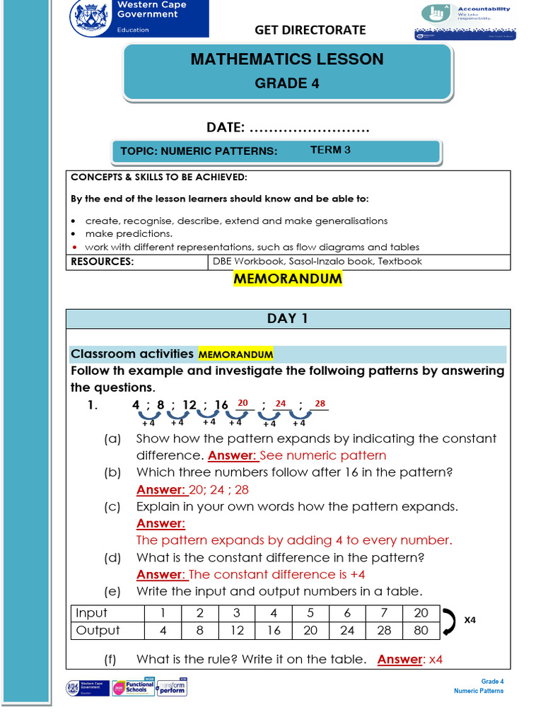 Gr. 4 Numeric Patterns Memorandum | PDF | Numbers | Information