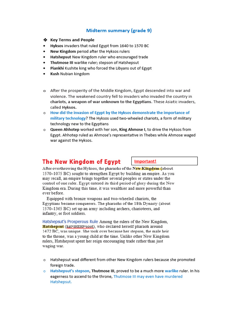 Midterm Summary Grade 9 PDF Ancient Egypt New Kingdom Of Egypt