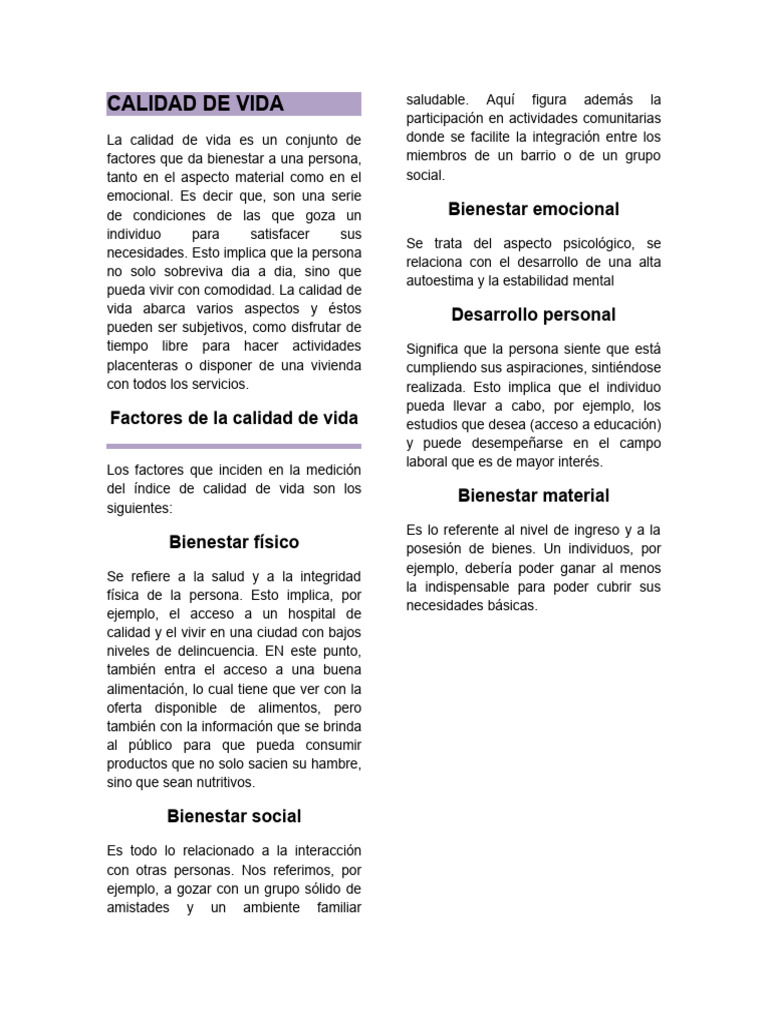 Factores de la Calidad de Vida | PDF | Calidad de vida | Bienestar