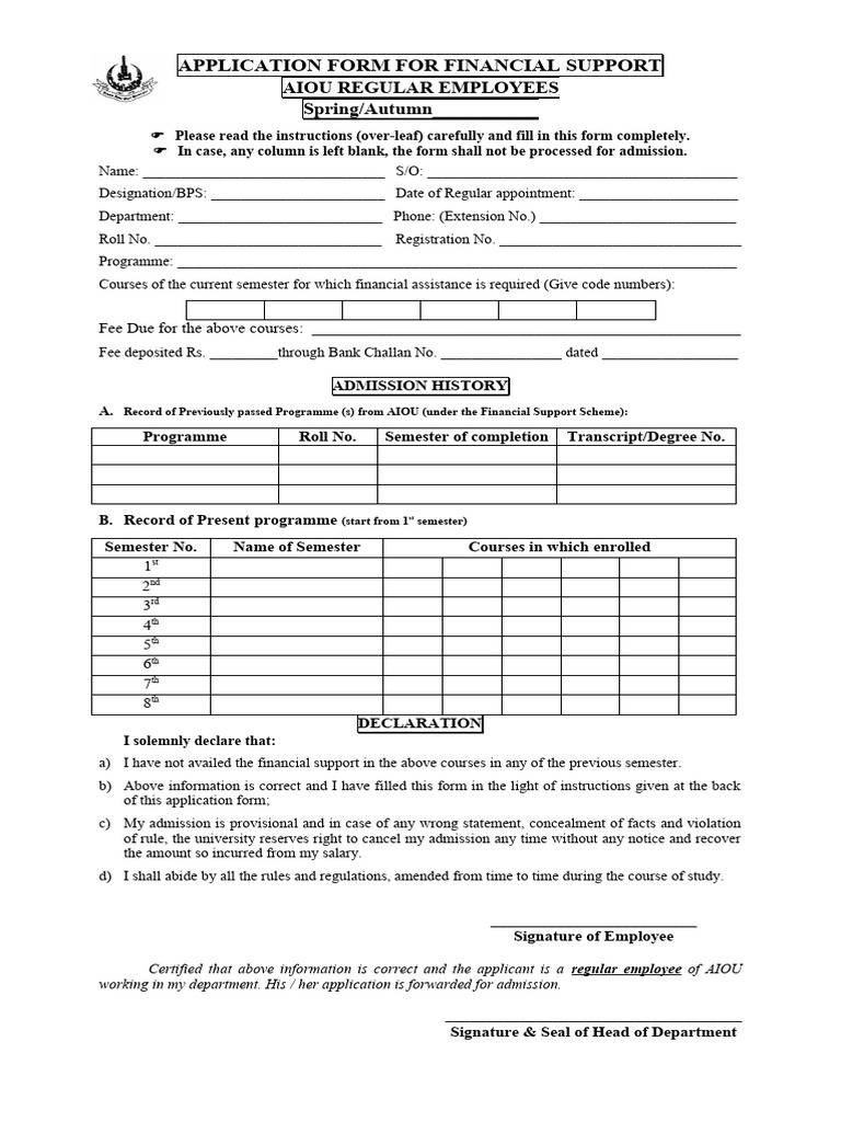 AIOU Financial Support Application Form | PDF | Government | Justice