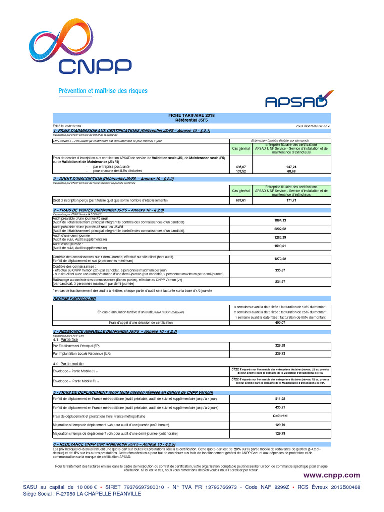 Tarifs Certification APSAD 2018 | PDF | Audit | Économie