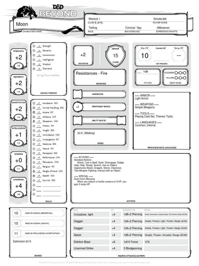 Moon Character Sheet (Sinister) PDF Dungeons & Dragons Role