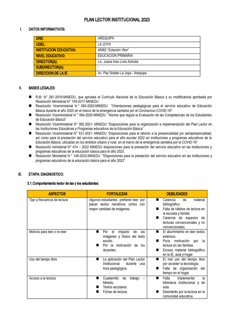 Plan Lector Institucional 2023 | PDF | Salón de clases | Maestros