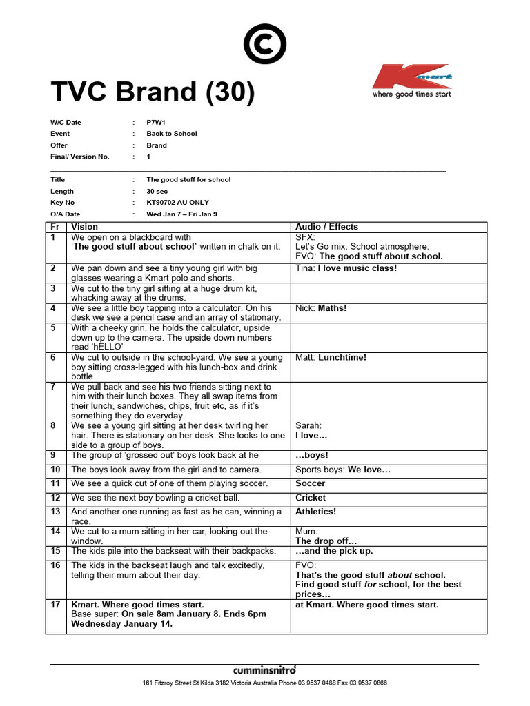 Kmart Back to School Ad Script | PDF