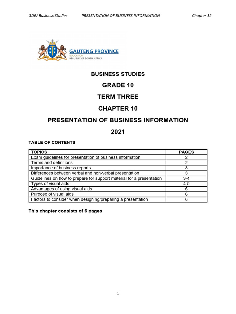 presentation of business information grade 10 pdf