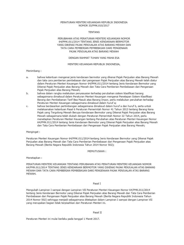 PMK 33 TH 2017 PPNBM Kendaraan Bermotor | PDF
