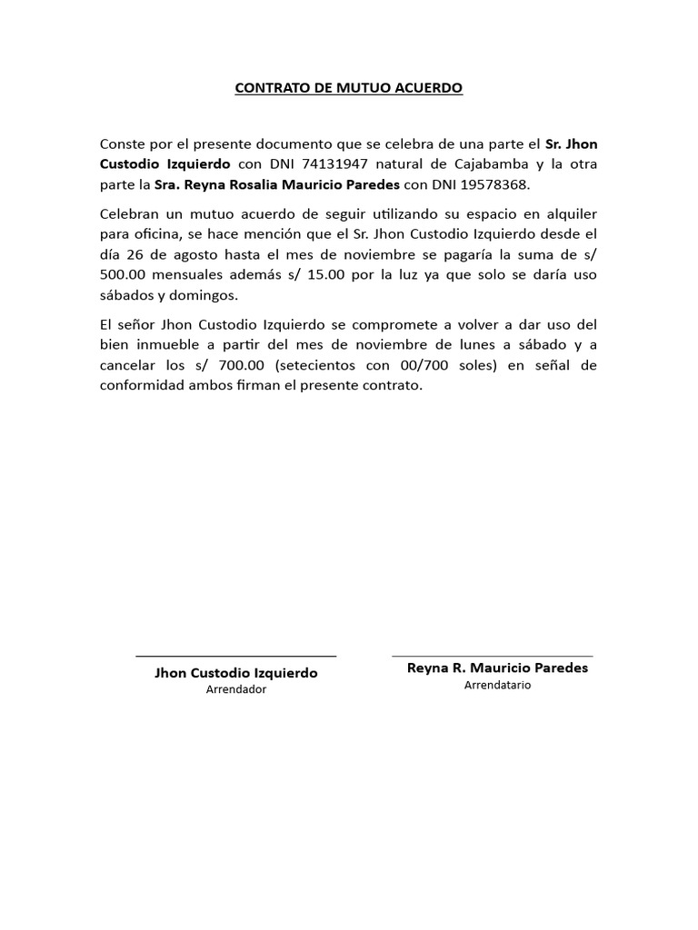 Contrato de Mutuo Acuerdo de Alquiler | PDF
