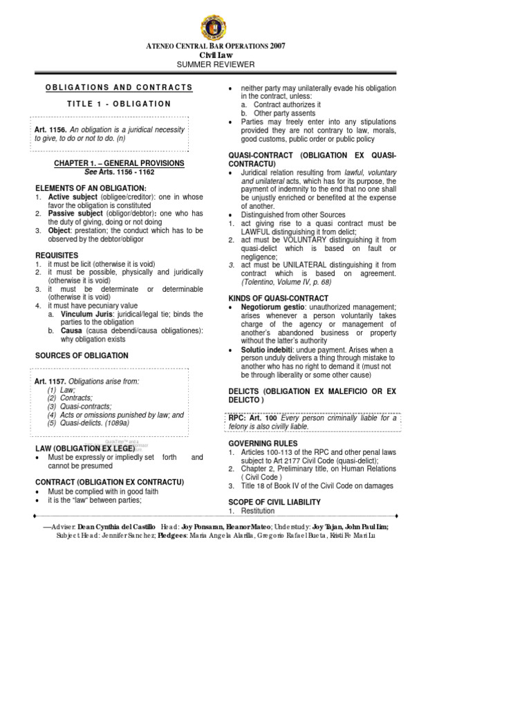 Obligations and contracts reviewer ateneo pdf law of obligations